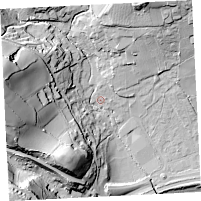 Shaded relief map of the ground around TR183NF, computed from Environment Agency LiDAR. The ground here sits at about 9 m above sea level and falls 62 m across the surrounding 800 m. Surface water reaching this point runs off ground lying to the west-north-west, 56.2 m higher.