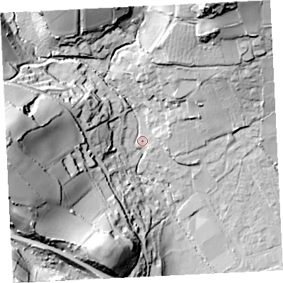 Shaded relief map of the ground around TR183NG, computed from Environment Agency LiDAR. The ground here sits at about 11 m above sea level and falls 62 m across the surrounding 800 m. Surface water reaching this point runs off ground lying to the west, 55.6 m higher.