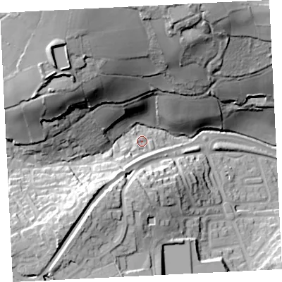 Shaded relief map of the ground around TR183PB, computed from Environment Agency LiDAR. The ground here sits at about 40 m above sea level and falls 62 m across the surrounding 800 m. Surface water reaching this point runs off ground lying to the south-south-west, 12.3 m higher.