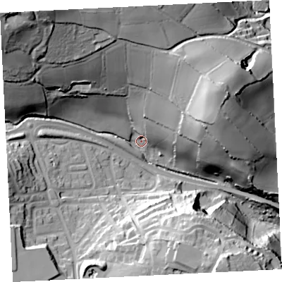 Shaded relief map of the ground around TR183PF, computed from Environment Agency LiDAR. The ground here sits at about 27 m above sea level and falls 69 m across the surrounding 800 m. Surface water reaching this point runs off ground lying to the north-west, 56.8 m higher.