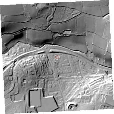 Shaded relief map of the ground around TR183PH, computed from Environment Agency LiDAR. The ground here sits at about 33 m above sea level and falls 64 m across the surrounding 800 m. Surface water reaching this point runs off ground lying to the west-south-west, 24.6 m higher.