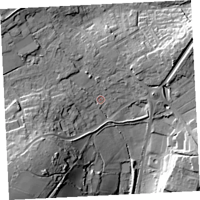 Shaded relief map of the ground around TR183QR, computed from Environment Agency LiDAR. The ground here sits at about 53 m above sea level and falls 38 m across the surrounding 800 m. Surface water reaching this point runs off ground lying to the south-west, 25.3 m higher.