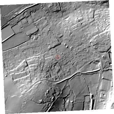 Shaded relief map of the ground around TR183QS, computed from Environment Agency LiDAR. The ground here sits at about 57 m above sea level and falls 38 m across the surrounding 800 m. Surface water reaching this point runs off ground lying to the south-west, 11.3 m higher.