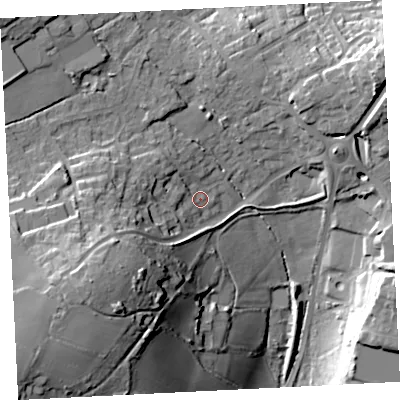 Shaded relief map of the ground around TR183QT, computed from Environment Agency LiDAR. The ground here sits at about 53 m above sea level and falls 40 m across the surrounding 800 m. Surface water reaching this point runs off ground lying to the west-south-west, 21.8 m higher.