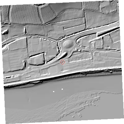 Shaded relief map of the ground around TR183RF, computed from Environment Agency LiDAR. The ground here sits at about 4 m above sea level and falls 22 m across the surrounding 800 m. Surface water reaching this point runs off ground lying to the east-south-east, 5.5 m higher.