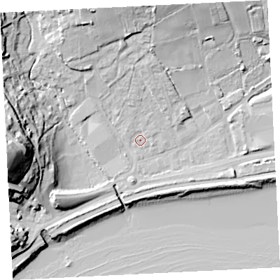 Shaded relief map of the ground around TR183RQ, computed from Environment Agency LiDAR. The ground here sits at about 4 m above sea level and falls 41 m across the surrounding 800 m. Surface water reaching this point runs off ground lying to the north, 16.2 m higher.