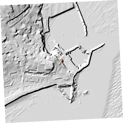Shaded relief map of the ground around TR184AA, computed from Environment Agency LiDAR. The ground here sits at about 9 m above sea level and falls 43 m across the surrounding 800 m. Surface water reaching this point runs off ground lying to the west, 15.5 m higher.