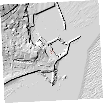 Shaded relief map of the ground around TR184AB, computed from Environment Agency LiDAR. The ground here sits at about 4 m above sea level and falls 41 m across the surrounding 800 m. Surface water reaching this point runs off ground lying to the east-north-east, 6.7 m higher.