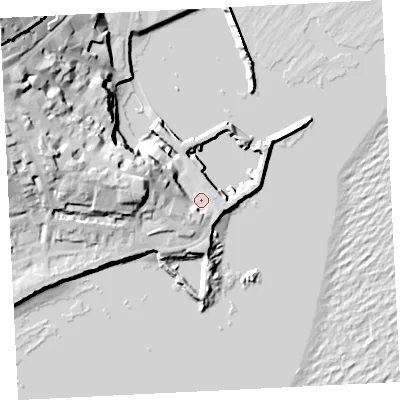 Shaded relief map of the ground around TR184AH, computed from Environment Agency LiDAR. The ground here sits at about 4 m above sea level and falls 39 m across the surrounding 800 m. Surface water reaching this point runs off ground lying to the west, 14.6 m higher.