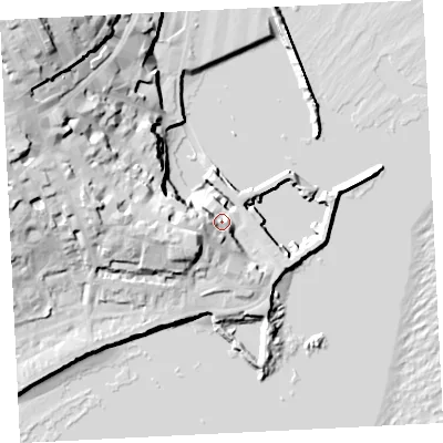 Shaded relief map of the ground around TR184AS, computed from Environment Agency LiDAR. The ground here sits at about 8 m above sea level and falls 44 m across the surrounding 800 m. Surface water reaching this point runs off ground lying to the west-south-west, 20.9 m higher.