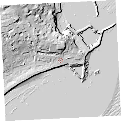 Shaded relief map of the ground around TR184BA, computed from Environment Agency LiDAR. The ground here sits at about 8 m above sea level and falls 37 m across the surrounding 800 m. Surface water reaching this point runs off ground lying to the north-west, 16.3 m higher.