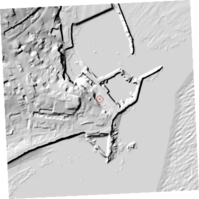 Shaded relief map of the ground around TR184BN, computed from Environment Agency LiDAR. The ground here sits at about 4 m above sea level and falls 42 m across the surrounding 800 m. Surface water reaching this point runs off ground lying to the west, 14.8 m higher.