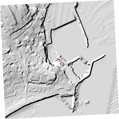 Shaded relief map of the ground around TR184BW, computed from Environment Agency LiDAR. The ground here sits at about 4 m above sea level and falls 45 m across the surrounding 800 m. Surface water reaching this point runs off ground lying to the west-south-west, 24.5 m higher.