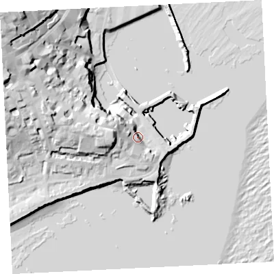 Shaded relief map of the ground around TR184BZ, computed from Environment Agency LiDAR. The ground here sits at about 9 m above sea level and falls 42 m across the surrounding 800 m. Surface water reaching this point runs off ground lying to the west, 14.8 m higher.
