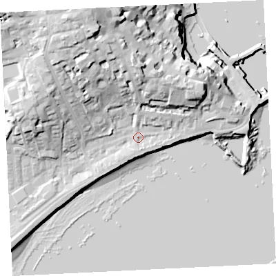 Shaded relief map of the ground around TR184DF, computed from Environment Agency LiDAR. The ground here sits at about 7 m above sea level and falls 35 m across the surrounding 800 m. Surface water reaching this point runs off ground lying to the north-north-west, 21.2 m higher.