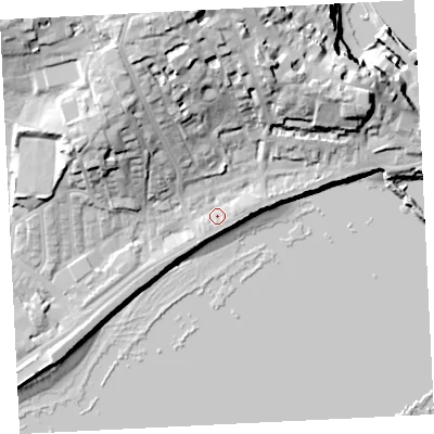 Shaded relief map of the ground around TR184DL, computed from Environment Agency LiDAR. The ground here sits at about 6 m above sea level and falls 33 m across the surrounding 800 m. Surface water reaching this point runs off ground lying to the east-north-east, 1.7 m higher.