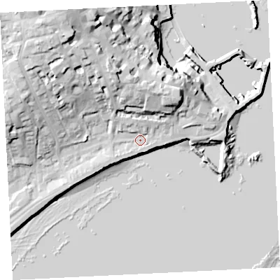 Shaded relief map of the ground around TR184DN, computed from Environment Agency LiDAR. The ground here sits at about 7 m above sea level and falls 35 m across the surrounding 800 m. Surface water reaching this point runs off ground lying to the north-west, 5.4 m higher.
