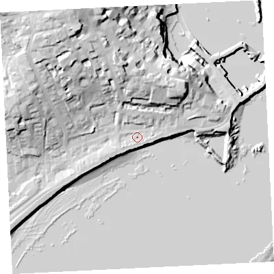 Shaded relief map of the ground around TR184DP, computed from Environment Agency LiDAR. The ground here sits at about 7 m above sea level and falls 35 m across the surrounding 800 m. Surface water reaching this point runs off ground lying to the south-west, 1.8 m higher.