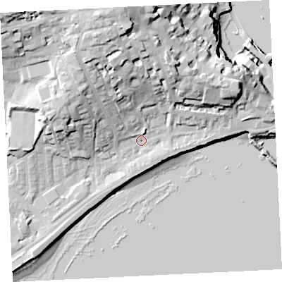 Shaded relief map of the ground around TR184DU, computed from Environment Agency LiDAR. The ground here sits at about 6 m above sea level and falls 35 m across the surrounding 800 m. Surface water reaching this point runs off ground lying to the north-north-west, 24.3 m higher.