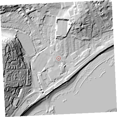 Shaded relief map of the ground around TR184FA, computed from Environment Agency LiDAR. The ground here sits at about 6 m above sea level and falls 35 m across the surrounding 800 m. Surface water reaching this point runs off ground lying to the north-north-east, 3.2 m higher.