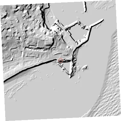 Shaded relief map of the ground around TR184FF, computed from Environment Agency LiDAR. The ground here sits at about 6 m above sea level and falls 35 m across the surrounding 800 m. Surface water reaching this point runs off ground lying to the north, 3.1 m higher.