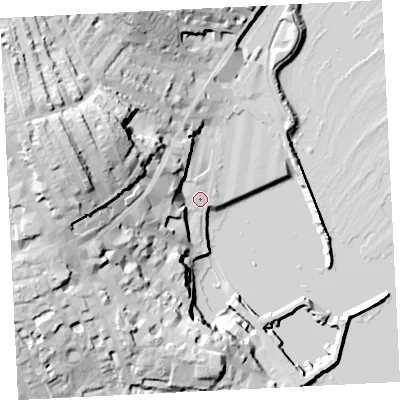 Shaded relief map of the ground around TR184FG, computed from Environment Agency LiDAR. The ground here sits at about 5 m above sea level and falls 46 m across the surrounding 800 m. Surface water reaching this point runs off ground lying to the west-north-west, 13.8 m higher.