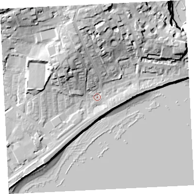 Shaded relief map of the ground around TR184HB, computed from Environment Agency LiDAR. The ground here sits at about 6 m above sea level and falls 32 m across the surrounding 800 m. Surface water reaching this point runs off ground lying to the north, 25.1 m higher.