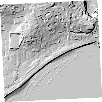 Shaded relief map of the ground around TR184HD, computed from Environment Agency LiDAR. The ground here sits at about 6 m above sea level and falls 33 m across the surrounding 800 m. Surface water reaching this point runs off ground lying to the north, 25.0 m higher.