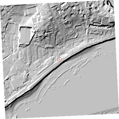 Shaded relief map of the ground around TR184HH, computed from Environment Agency LiDAR. The ground here sits at about 6 m above sea level and falls 29 m across the surrounding 800 m. Surface water reaching this point runs off ground lying to the north, 21.8 m higher.