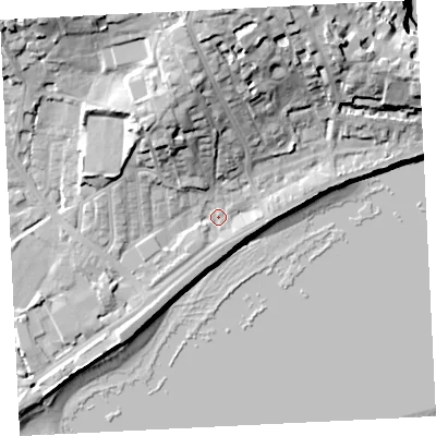 Shaded relief map of the ground around TR184HL, computed from Environment Agency LiDAR. The ground here sits at about 6 m above sea level and falls 30 m across the surrounding 800 m. Surface water reaching this point runs off ground lying to the north, 23.1 m higher.