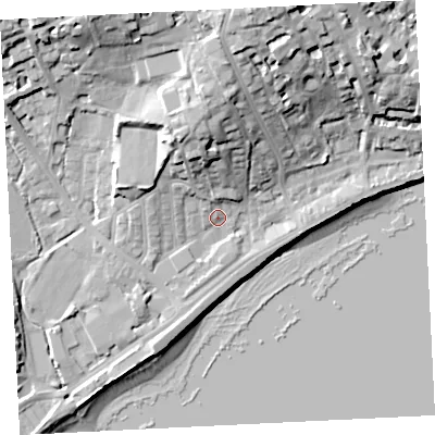 Shaded relief map of the ground around TR184HP, computed from Environment Agency LiDAR. The ground here sits at about 7 m above sea level and falls 31 m across the surrounding 800 m. Surface water reaching this point runs off ground lying to the north-north-east, 24.7 m higher.
