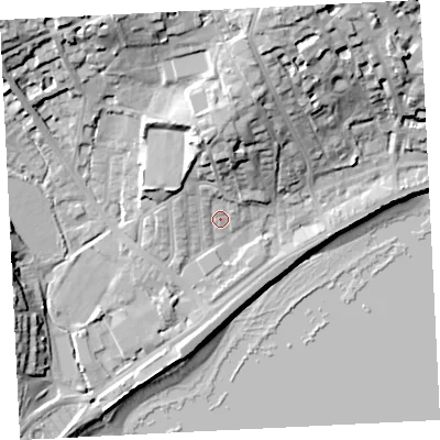 Shaded relief map of the ground around TR184HR, computed from Environment Agency LiDAR. The ground here sits at about 7 m above sea level and falls 31 m across the surrounding 800 m. Surface water reaching this point runs off ground lying to the north, 4.1 m higher.