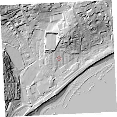 Shaded relief map of the ground around TR184HS, computed from Environment Agency LiDAR. The ground here sits at about 8 m above sea level and falls 31 m across the surrounding 800 m. Surface water reaching this point runs off ground lying to the north-north-east, 14.3 m higher.