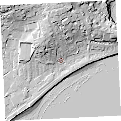 Shaded relief map of the ground around TR184JB, computed from Environment Agency LiDAR. The ground here sits at about 7 m above sea level and falls 33 m across the surrounding 800 m. Surface water reaching this point runs off ground lying to the north-north-west, 16.0 m higher.
