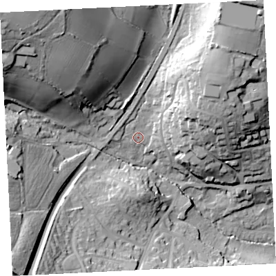 Shaded relief map of the ground around TR184JZ, computed from Environment Agency LiDAR. The ground here sits at about 26 m above sea level and falls 66 m across the surrounding 800 m. Surface water reaching this point runs off ground lying to the north-east, 32.8 m higher.