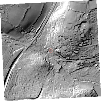 Shaded relief map of the ground around TR184LE, computed from Environment Agency LiDAR. The ground here sits at about 25 m above sea level and falls 62 m across the surrounding 800 m. Surface water reaching this point runs off ground lying to the north-north-east, 28.3 m higher.