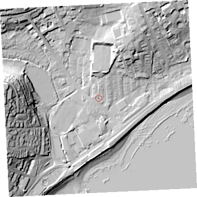 Shaded relief map of the ground around TR184LX, computed from Environment Agency LiDAR. The ground here sits at about 7 m above sea level and falls 33 m across the surrounding 800 m. Surface water reaching this point runs off ground lying to the north-north-east, 3.1 m higher.
