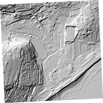 Shaded relief map of the ground around TR184LY, computed from Environment Agency LiDAR. The ground here sits at about 6 m above sea level and falls 41 m across the surrounding 800 m. Surface water reaching this point runs off ground lying to the west, 33.1 m higher.