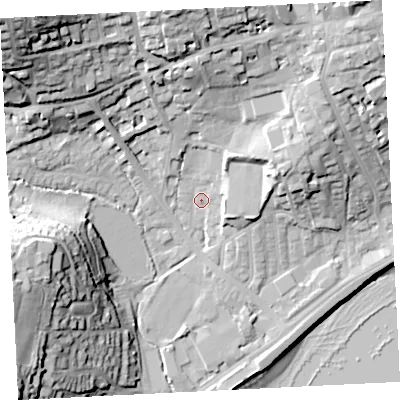 Shaded relief map of the ground around TR184NF, computed from Environment Agency LiDAR. The ground here sits at about 8 m above sea level and falls 48 m across the surrounding 800 m. Surface water reaching this point runs off ground lying to the north-east, 28.1 m higher.