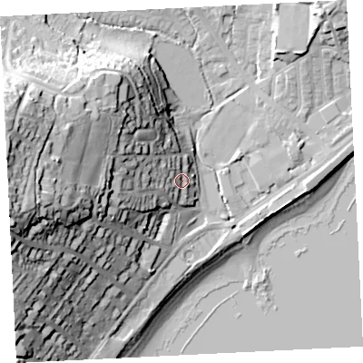 Shaded relief map of the ground around TR184NJ, computed from Environment Agency LiDAR. The ground here sits at about 10 m above sea level and falls 51 m across the surrounding 800 m. Surface water reaching this point runs off ground lying to the west, 38.7 m higher.