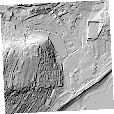 Shaded relief map of the ground around TR184NN, computed from Environment Agency LiDAR. The ground here sits at about 7 m above sea level and falls 51 m across the surrounding 800 m. Surface water reaching this point runs off ground lying to the west, 26.3 m higher.