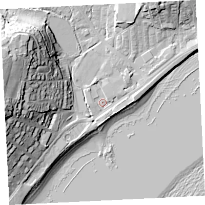 Shaded relief map of the ground around TR184NP, computed from Environment Agency LiDAR. The ground here sits at about 4 m above sea level and falls 39 m across the surrounding 800 m. Surface water reaching this point runs off ground lying to the west-north-west, 33.5 m higher.
