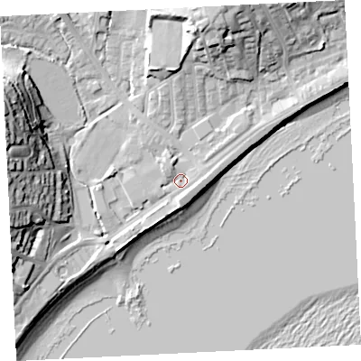 Shaded relief map of the ground around TR184NW, computed from Environment Agency LiDAR. The ground here sits at about 5 m above sea level and falls 29 m across the surrounding 800 m. Surface water reaching this point runs off ground lying to the north-north-east, 17.4 m higher.