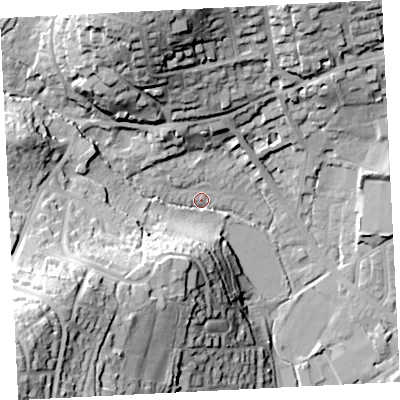 Shaded relief map of the ground around TR184SY, computed from Environment Agency LiDAR. The ground here sits at about 11 m above sea level and falls 56 m across the surrounding 800 m. Surface water reaching this point runs off ground lying to the south-west, 50.4 m higher.
