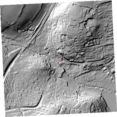 Shaded relief map of the ground around TR184TB, computed from Environment Agency LiDAR. The ground here sits at about 21 m above sea level and falls 58 m across the surrounding 800 m. Surface water reaching this point runs off ground lying to the north-west, 44.9 m higher.