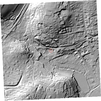 Shaded relief map of the ground around TR184TF, computed from Environment Agency LiDAR. The ground here sits at about 16 m above sea level and falls 53 m across the surrounding 800 m. Surface water reaching this point runs off ground lying to the north, 33.2 m higher.