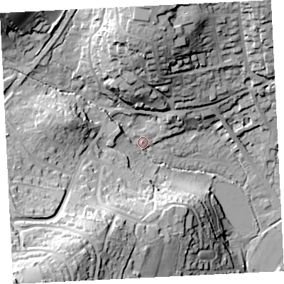 Shaded relief map of the ground around TR184TP, computed from Environment Agency LiDAR. The ground here sits at about 16 m above sea level and falls 63 m across the surrounding 800 m. Surface water reaching this point runs off ground lying to the south-west, 53.0 m higher.
