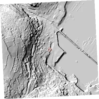 Shaded relief map of the ground around TR185BA, computed from Environment Agency LiDAR. The ground here sits at about 6 m above sea level and falls 97 m across the surrounding 800 m. Surface water reaching this point runs off ground lying to the west-south-west, 90.4 m higher.
