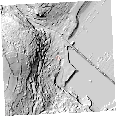 Shaded relief map of the ground around TR185BE, computed from Environment Agency LiDAR. The ground here sits at about 5 m above sea level and falls 98 m across the surrounding 800 m. Surface water reaching this point runs off ground lying to the west, 82.3 m higher.
