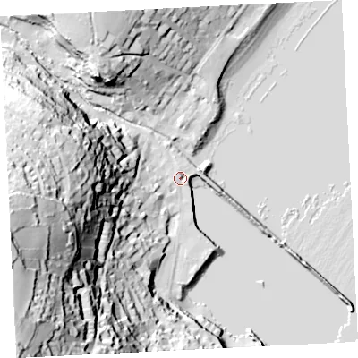 Shaded relief map of the ground around TR185DS, computed from Environment Agency LiDAR. The ground here sits at about 4 m above sea level and falls 91 m across the surrounding 800 m. Surface water reaching this point runs off ground lying to the south-west, 5.7 m higher.
